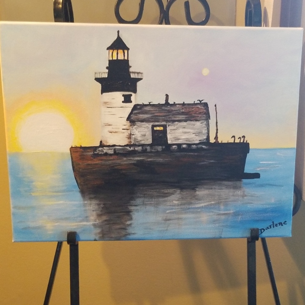 painting of Detroit lighthouse on canvas